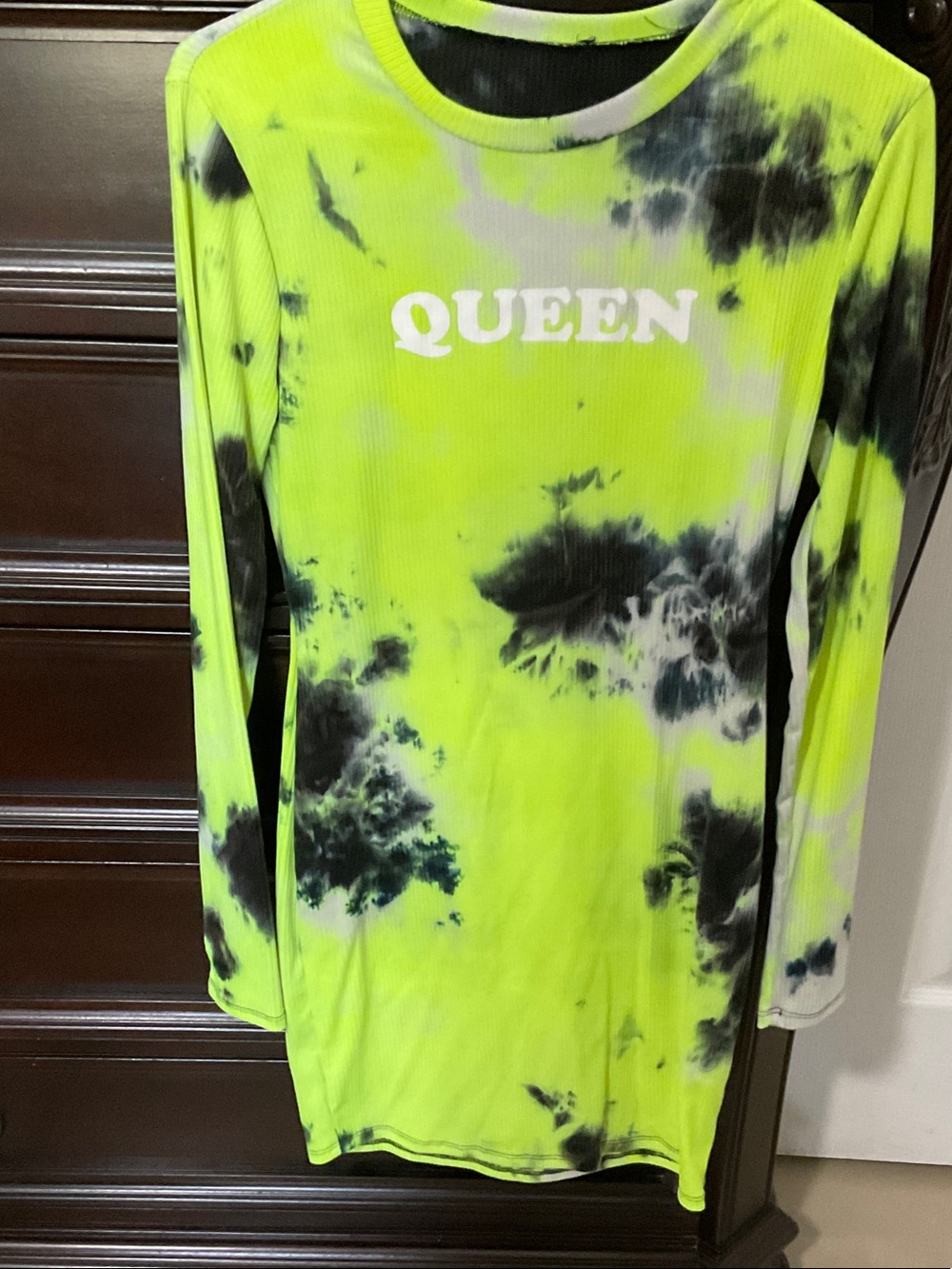 Neon Yellow Tie-Dye "QUEEN" Long Sleeve Dress